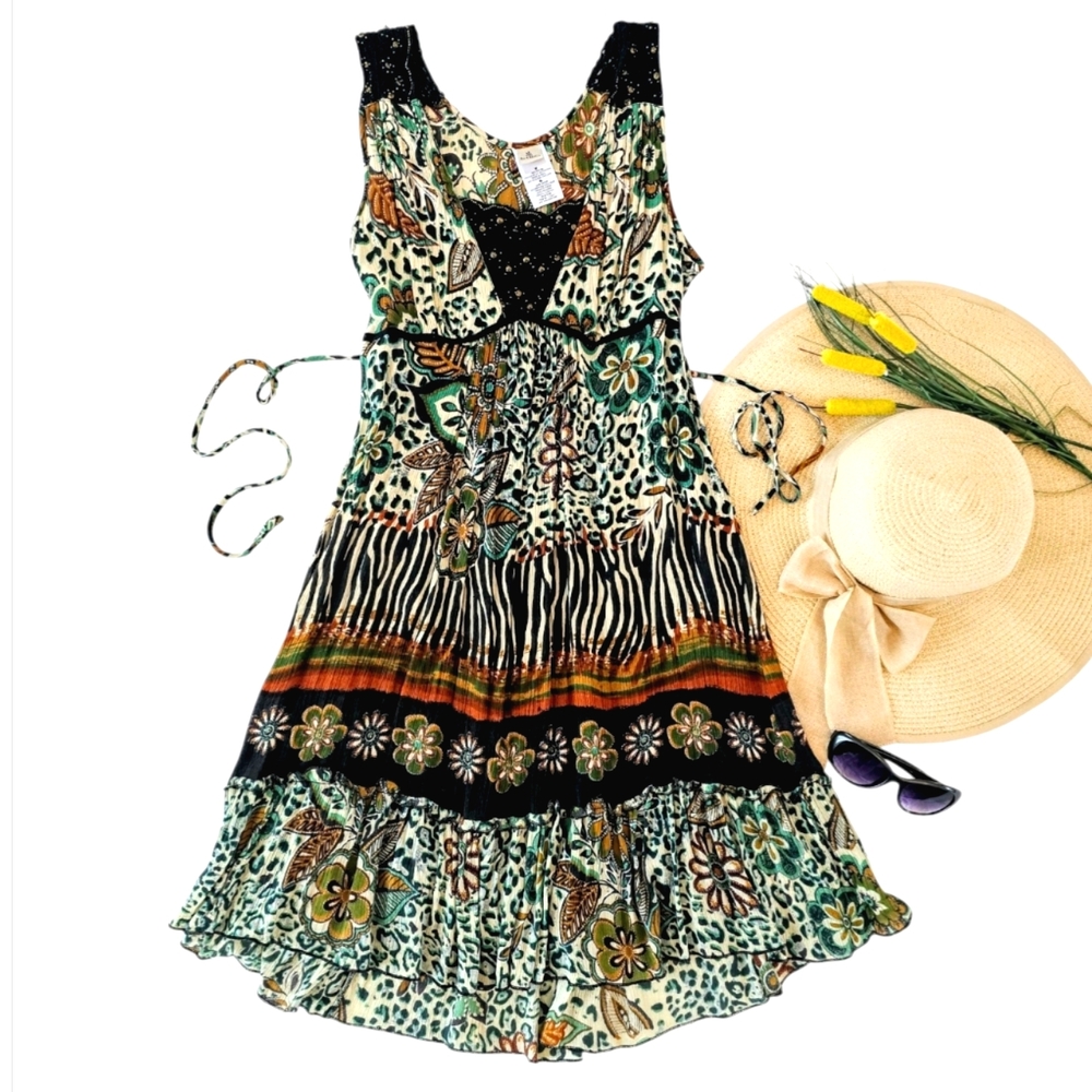 Floral Leopard Print Tiered Mini Dress in Green